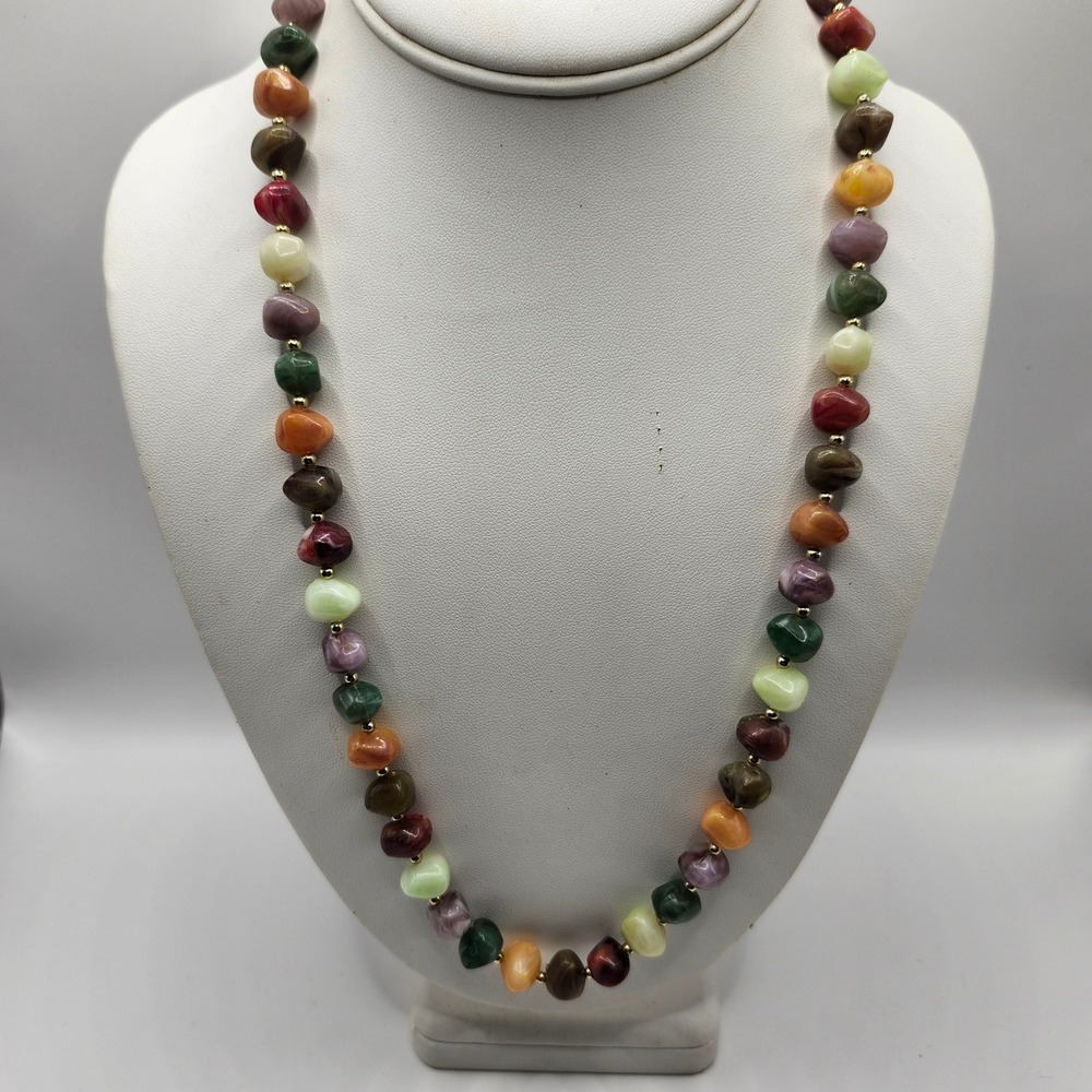 Multicolor Faux Gemstone Pebble Bead Necklace Gold‎ Tone Spacer Accents Boho